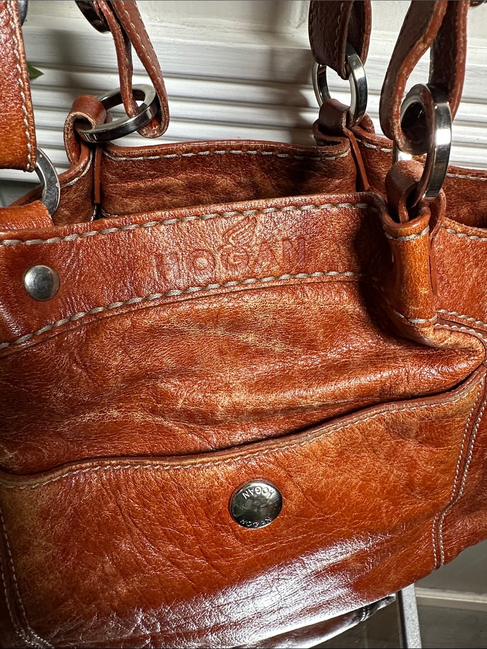 Hogan Warm Cognac Brown Leather Shoulder Bag with Ring Hardware